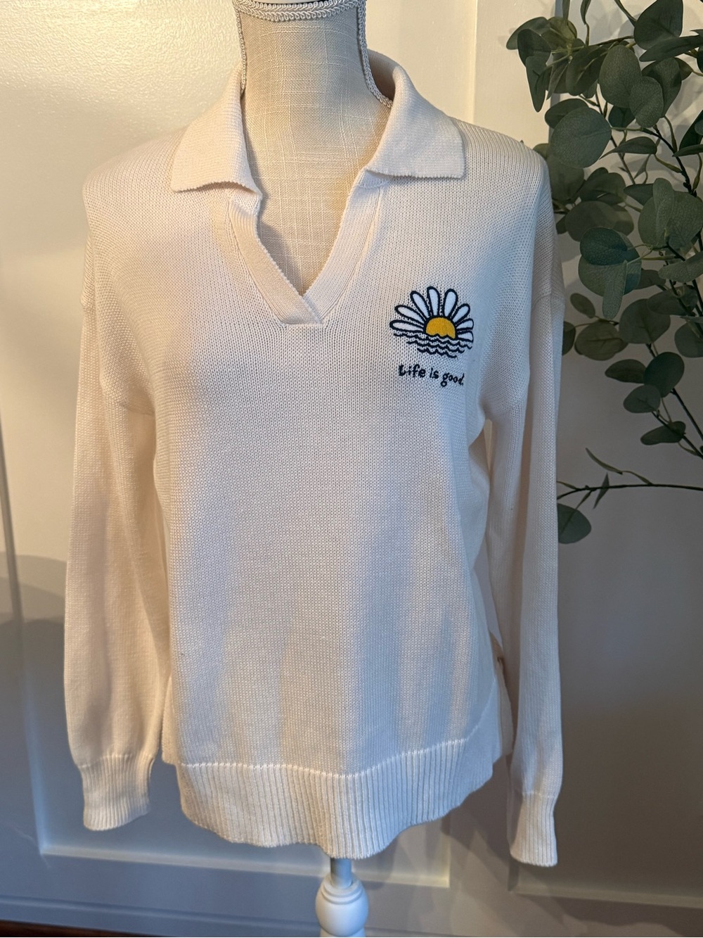 Life Is Good Cream V-Neck Sweater with Daisy Chest Embroidery